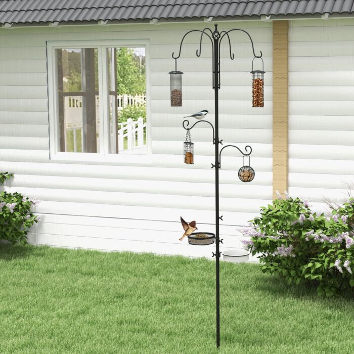 Pawhut Bird Feeding Station Kit, Wild Bird Feeder Pole With 6 Hooks, 4 Hanging Feeders For Peanuts, Seed, Fat Balls, Black