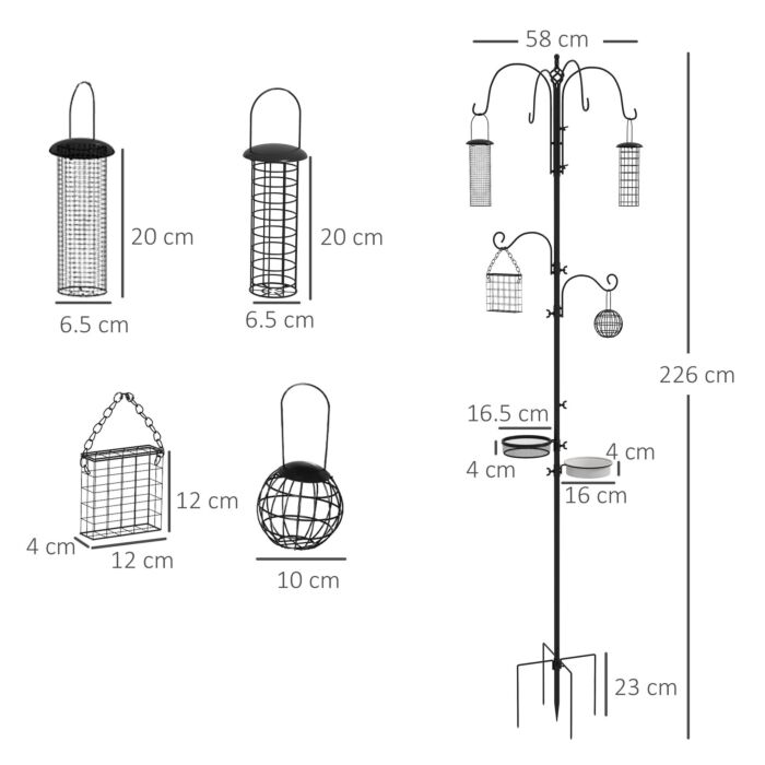 Pawhut Bird Feeding Station Kit, Wild Bird Feeder Pole With 6 Hooks, 4 Hanging Feeders For Peanuts, Seed, Fat Balls, Black