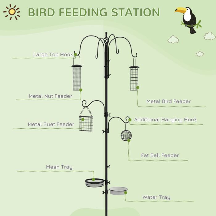 Pawhut Bird Feeding Station Kit, Wild Bird Feeder Pole With 6 Hooks, 4 Hanging Feeders For Peanuts, Seed, Fat Balls, Black