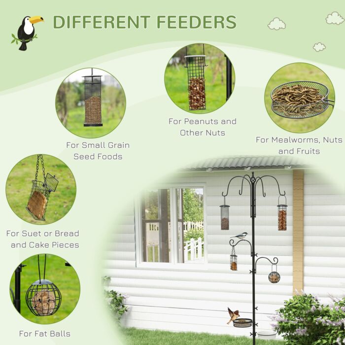 Pawhut Bird Feeding Station Kit, Wild Bird Feeder Pole With 6 Hooks, 4 Hanging Feeders For Peanuts, Seed, Fat Balls, Black