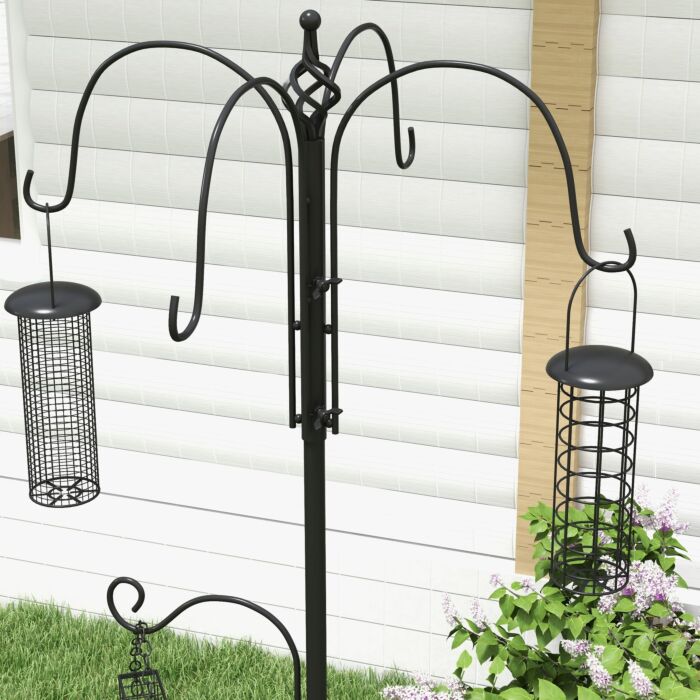 Pawhut Bird Feeding Station Kit, Wild Bird Feeder Pole With 6 Hooks, 4 Hanging Feeders For Peanuts, Seed, Fat Balls, Black