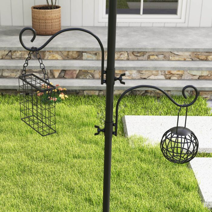 Pawhut Bird Feeding Station Kit, Wild Bird Feeder Pole With 6 Hooks, 4 Hanging Feeders For Peanuts, Seed, Fat Balls, Black