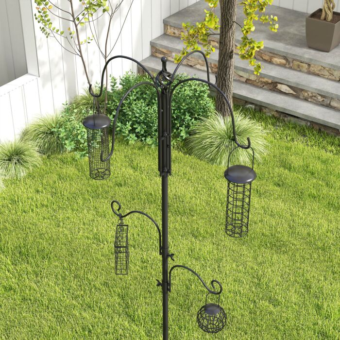 Pawhut Bird Feeding Station Kit, Wild Bird Feeder Pole With 6 Hooks, 4 Hanging Feeders For Peanuts, Seed, Fat Balls, Black