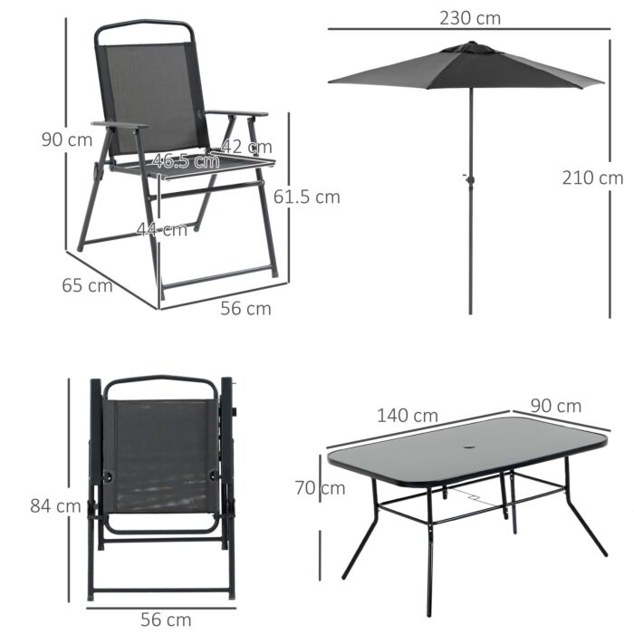Outsunny 8 Pieces Metal Garden Furniture Set With Parasol And Folding Chairs, Patio Dining Set, 6 Seater Outdoor Table And Chairs With Tempered Glass Top, Black