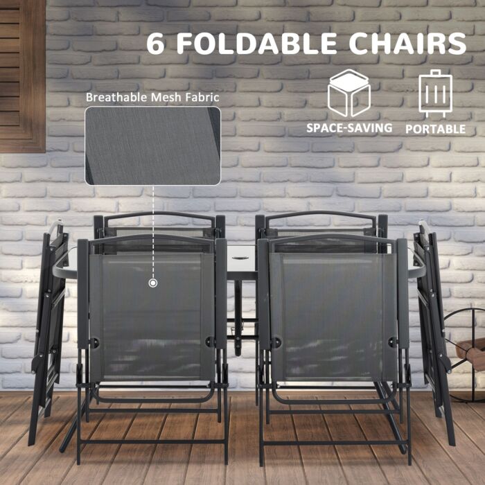 Outsunny 8 Pieces Metal Garden Furniture Set With Parasol And Folding Chairs, Patio Dining Set, 6 Seater Outdoor Table And Chairs With Tempered Glass Top, Black