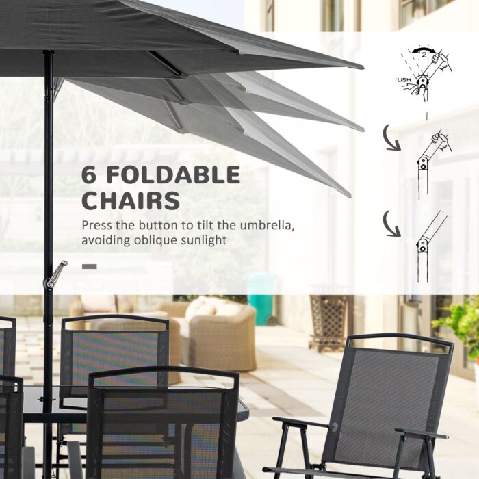 Outsunny 8 Pieces Metal Garden Furniture Set With Parasol And Folding Chairs, Patio Dining Set, 6 Seater Outdoor Table And Chairs With Tempered Glass Top, Black