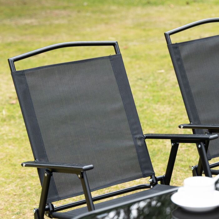 Outsunny 8 Pieces Metal Garden Furniture Set With Parasol And Folding Chairs, Patio Dining Set, 6 Seater Outdoor Table And Chairs With Tempered Glass Top, Black