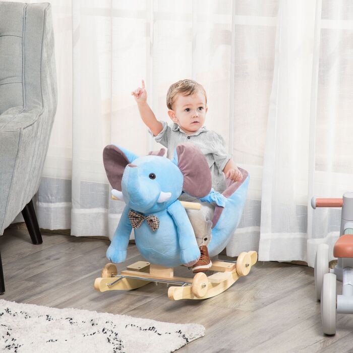 Homcom 2 In 1 Plush Baby Ride On Rocking Horse Elephant Rocker With Wheels Wooden Toy For Kids 32 Songs (blue)