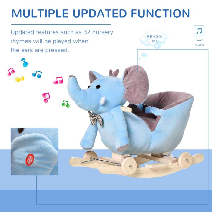 Homcom 2 In 1 Plush Baby Ride On Rocking Horse Elephant Rocker With Wheels Wooden Toy For Kids 32 Songs (blue)
