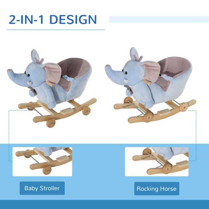 Homcom 2 In 1 Plush Baby Ride On Rocking Horse Elephant Rocker With Wheels Wooden Toy For Kids 32 Songs (blue)