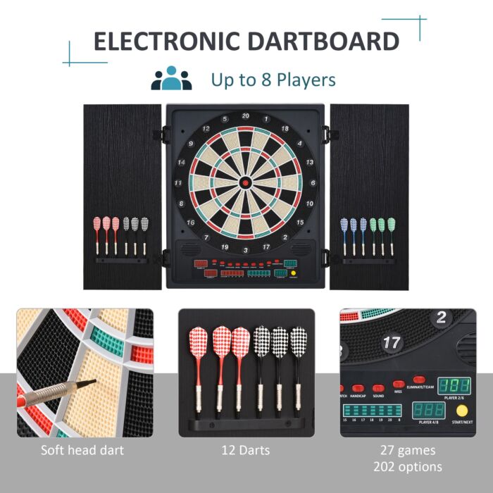 Homcom Electronic Dartboard In Case Led Scoreboard W/ 12 Darts 30 Heads Side Storage Cabinet Classic Game Family Fun Game Black White