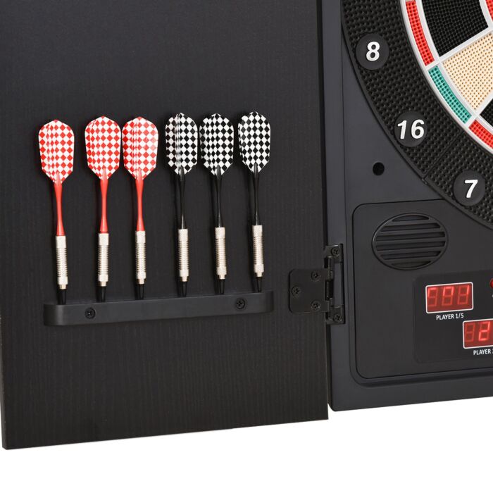 Homcom Electronic Dartboard In Case Led Scoreboard W/ 12 Darts 30 Heads Side Storage Cabinet Classic Game Family Fun Game Black White