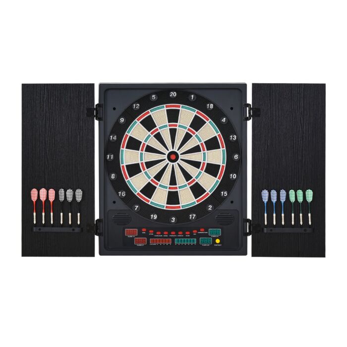 Homcom Electronic Dartboard In Case Led Scoreboard W/ 12 Darts 30 Heads Side Storage Cabinet Classic Game Family Fun Game Black White