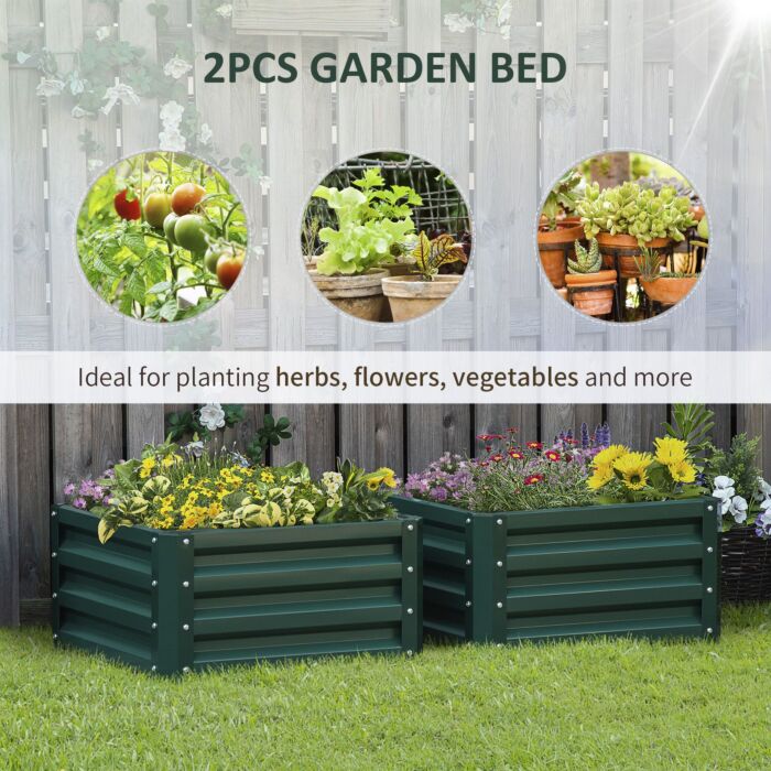 Outsunny Set Of 2 Raised Garden Bed, Outdoor Elevated Galvanised Planter Box For Flowers, Herbs, 60x60x30.5cm, Green