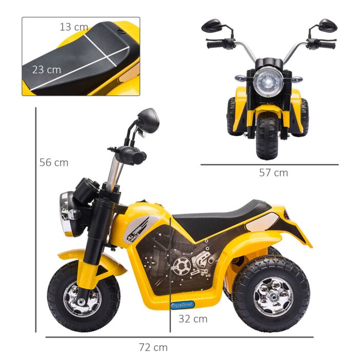 Homcom Kids Electric Motorcycle Ride-on Toy 3-wheels Battery Powered Motorbike Rechargeable 6v With Horn Headlights For 18 - 36 Months Yellow