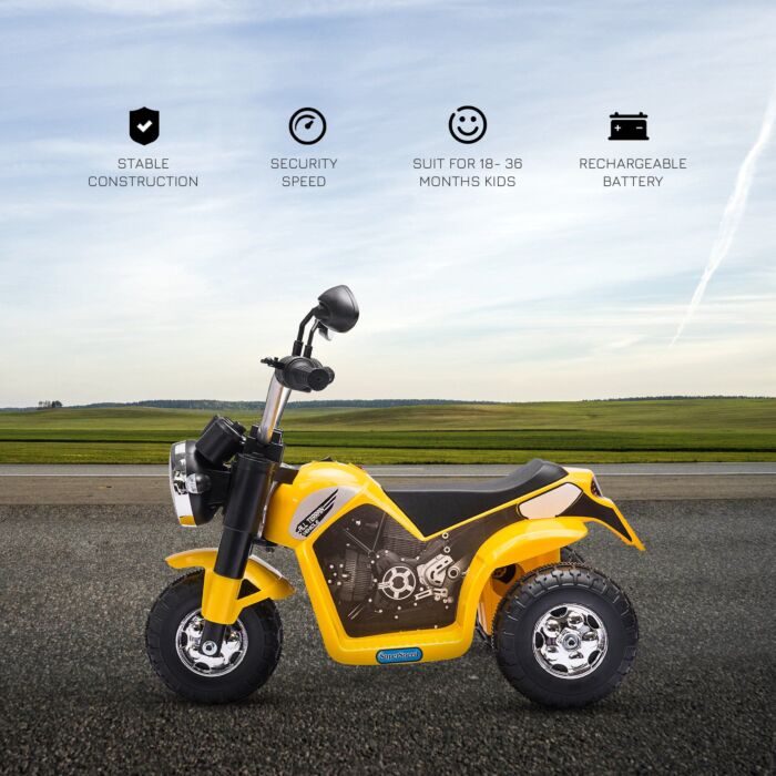 Homcom Kids Electric Motorcycle Ride-on Toy 3-wheels Battery Powered Motorbike Rechargeable 6v With Horn Headlights For 18 - 36 Months Yellow