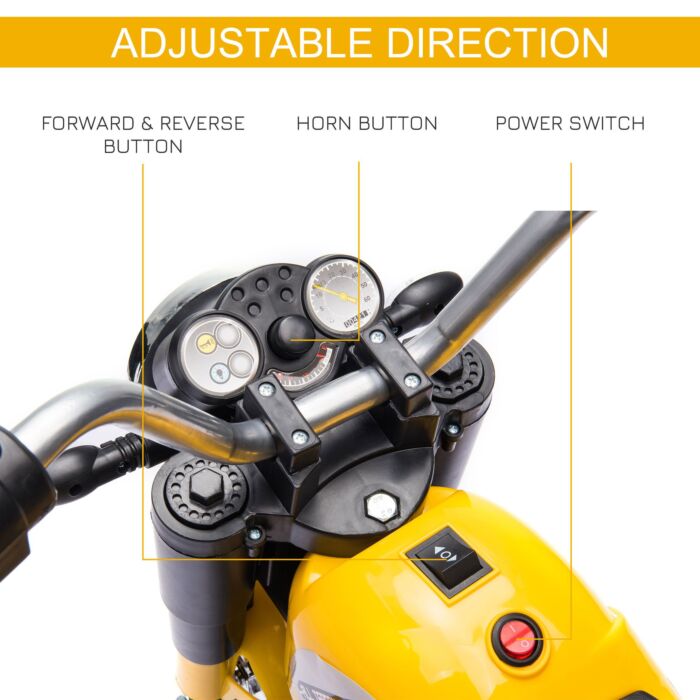 Homcom Kids Electric Motorcycle Ride-on Toy 3-wheels Battery Powered Motorbike Rechargeable 6v With Horn Headlights For 18 - 36 Months Yellow