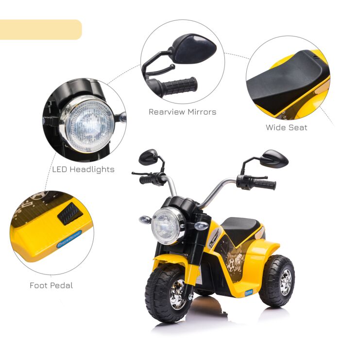 Homcom Kids Electric Motorcycle Ride-on Toy 3-wheels Battery Powered Motorbike Rechargeable 6v With Horn Headlights For 18 - 36 Months Yellow