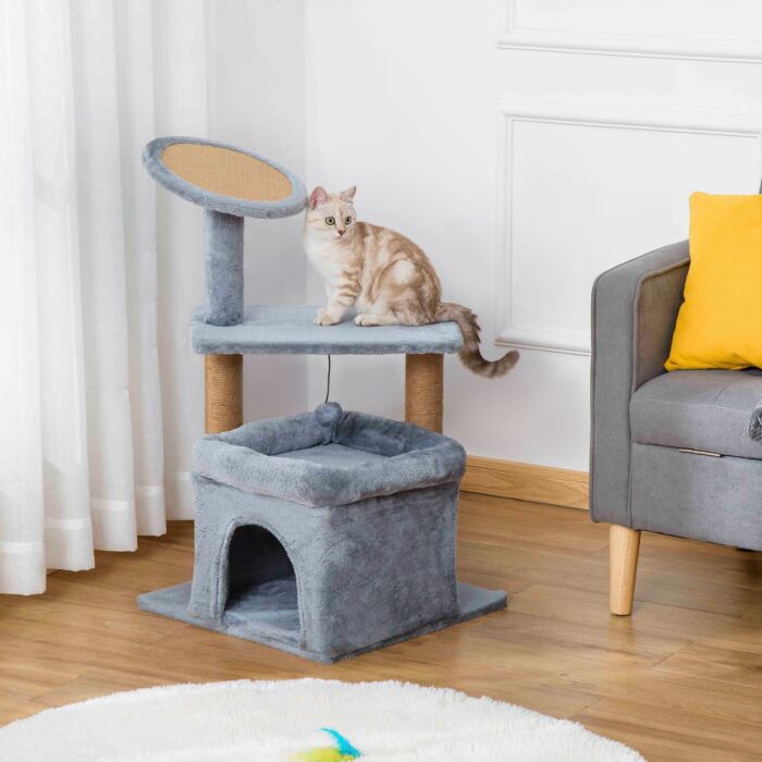 Pawhut Cat Tree Tower Kitten Activity Center With Scratching Posts Pad Condo Perch Bed Interactive Ball Toy 48 X 48 X 84cm, Grey