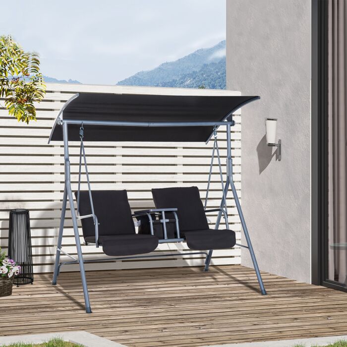 Outsunny Steel Frame 2-seater Swing Chair W/ Table Grey
