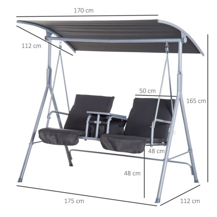 Outsunny Steel Frame 2-seater Swing Chair W/ Table Grey