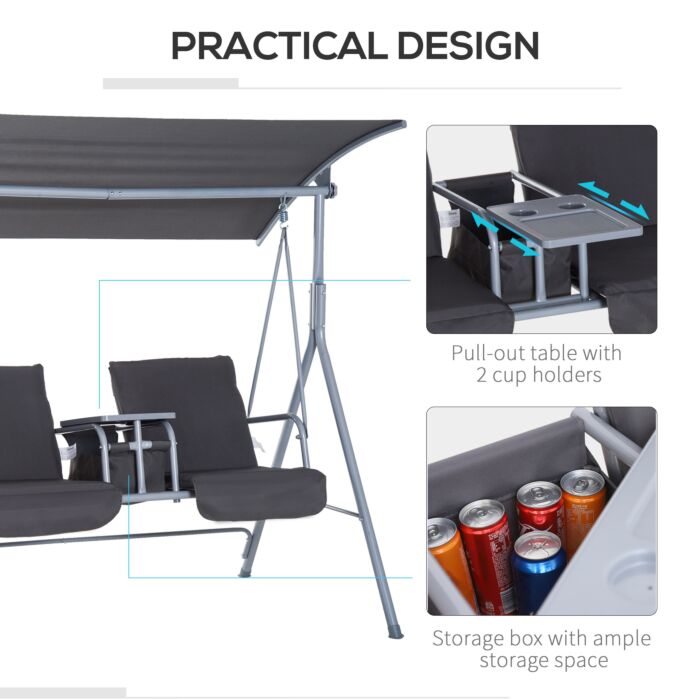 Outsunny Steel Frame 2-seater Swing Chair W/ Table Grey