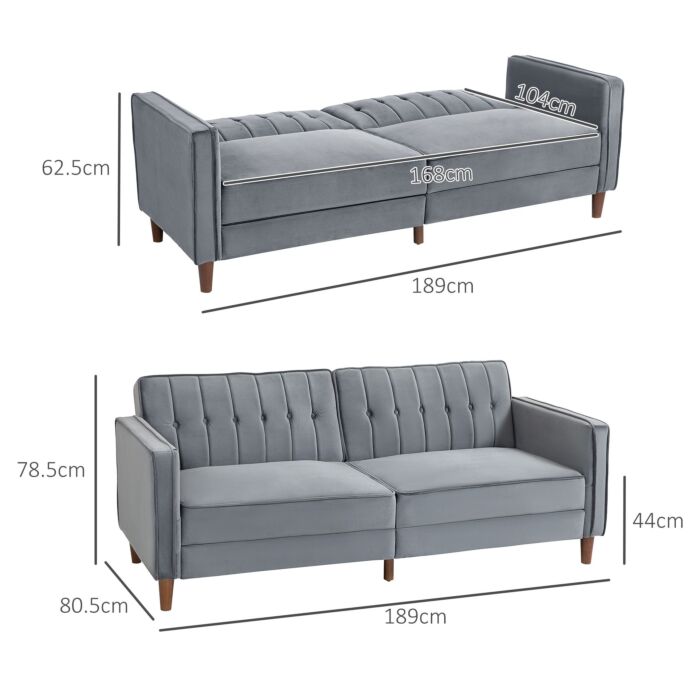 Homcom Velvet-feel Three-seater Sofa Bed - Dark Grey