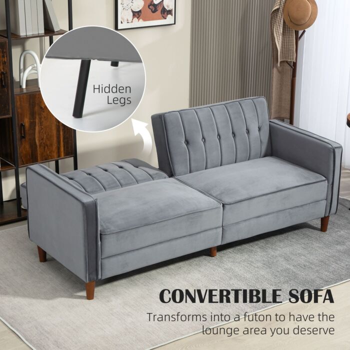 Homcom Velvet-feel Three-seater Sofa Bed - Dark Grey