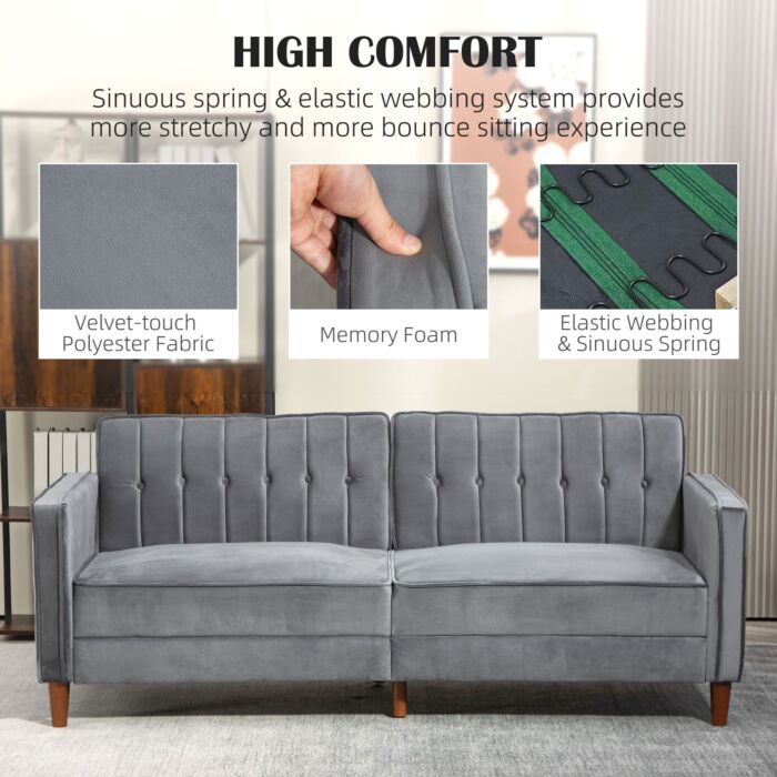 Homcom Velvet-feel Three-seater Sofa Bed - Dark Grey
