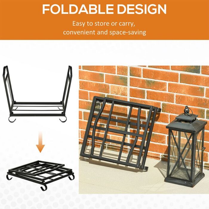 Outsunny Firewood Log Rack Fireplace Log Holder Wood Storage Rack With Scrolls, Foldable Design, For Outdoor And Indoor Use, 48 X 34 X 37cm, Black