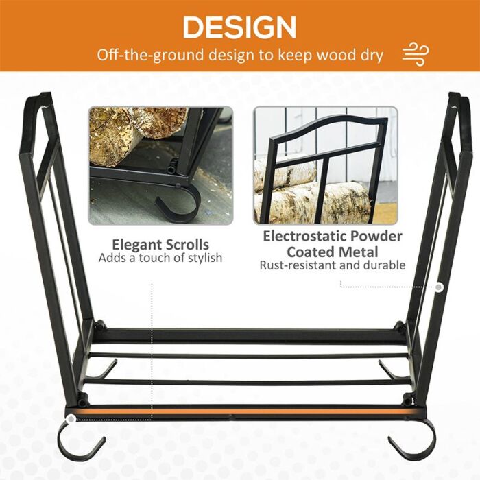 Outsunny Firewood Log Rack Fireplace Log Holder Wood Storage Rack With Scrolls, Foldable Design, For Outdoor And Indoor Use, 48 X 34 X 37cm, Black