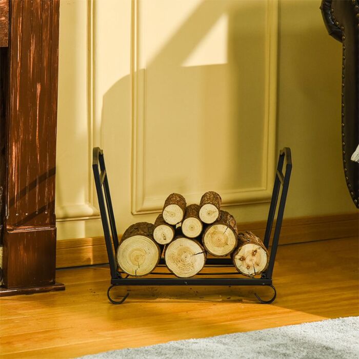 Outsunny Firewood Log Rack Fireplace Log Holder Wood Storage Rack With Scrolls, Foldable Design, For Outdoor And Indoor Use, 48 X 34 X 37cm, Black