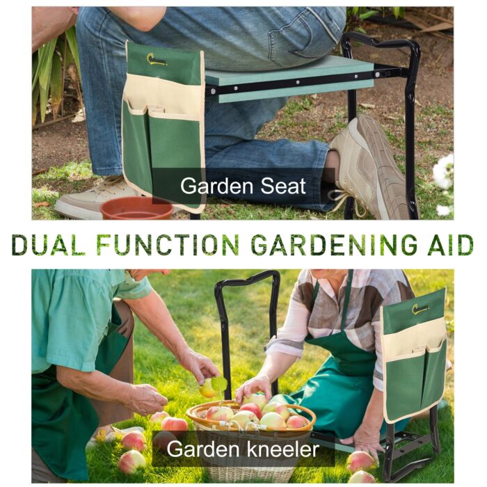 Outsunny Foldable Steel Frame Garden Kneeler Seat W/ Foam Bag Tool Bag Pouch Outdoor Garden Stable Sturdy Assistance Versatile Use