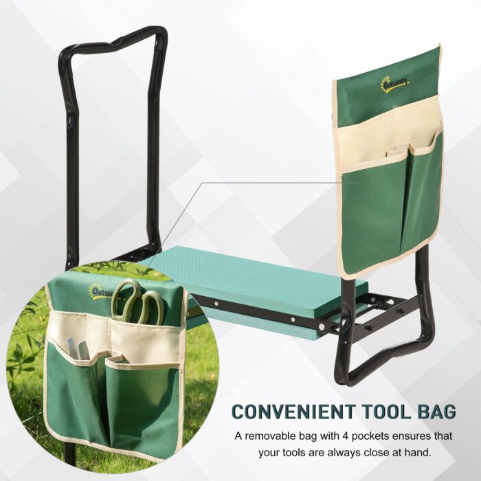 Outsunny Foldable Steel Frame Garden Kneeler Seat W/ Foam Bag Tool Bag Pouch Outdoor Garden Stable Sturdy Assistance Versatile Use