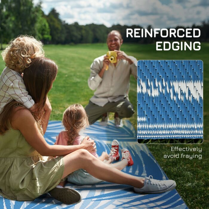 Outsunny Plastic Straw Reversible Rv Outdoor Rug With Carry Bag, 182 X 274cm, Blue And Cream