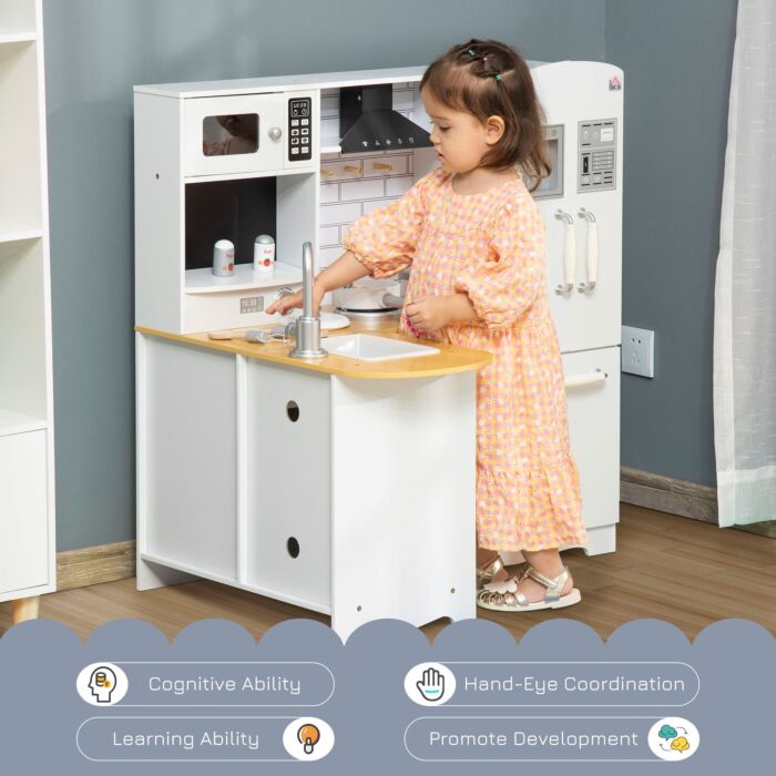 Homcom Kids Wooden Kitchen, Large Pretend Role Play Kitchen W/ Realistic Refrigerator, Microwave, Oven, Range Hood, Sink, Telephone