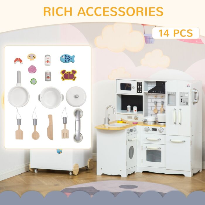 Homcom Kids Wooden Kitchen, Large Pretend Role Play Kitchen W/ Realistic Refrigerator, Microwave, Oven, Range Hood, Sink, Telephone