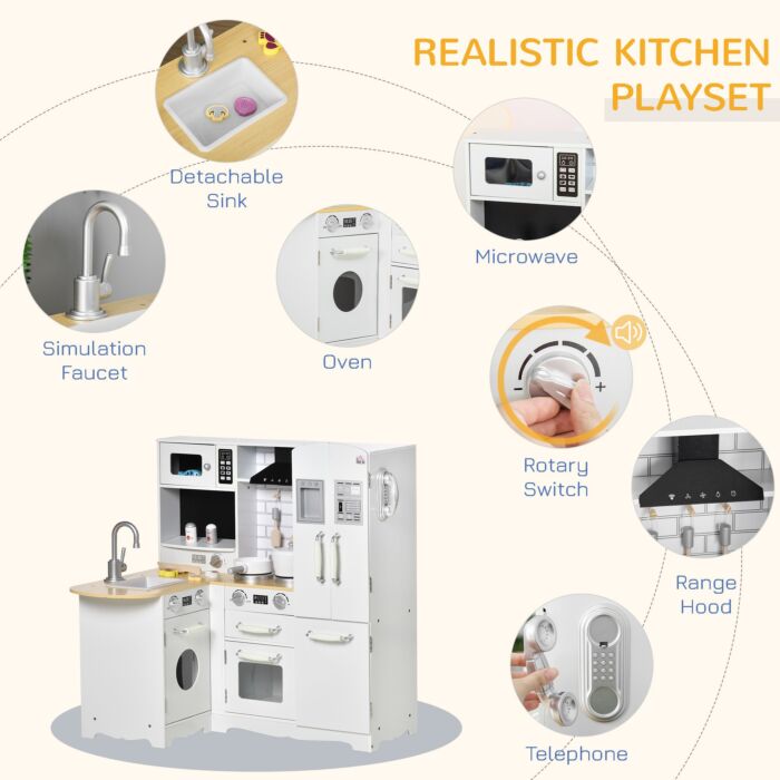 Homcom Kids Wooden Kitchen, Large Pretend Role Play Kitchen W/ Realistic Refrigerator, Microwave, Oven, Range Hood, Sink, Telephone