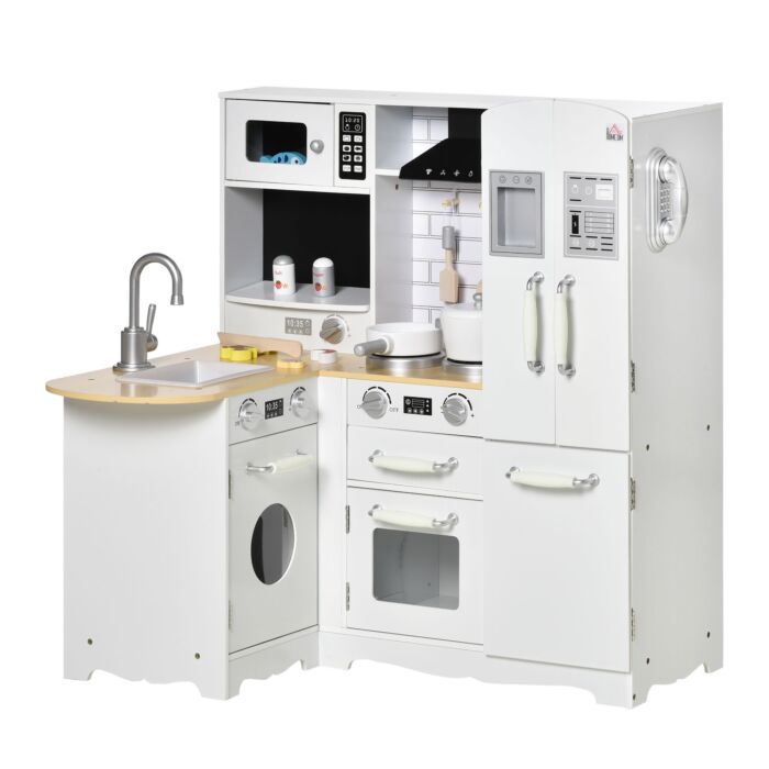 Homcom Kids Wooden Kitchen, Large Pretend Role Play Kitchen W/ Realistic Refrigerator, Microwave, Oven, Range Hood, Sink, Telephone