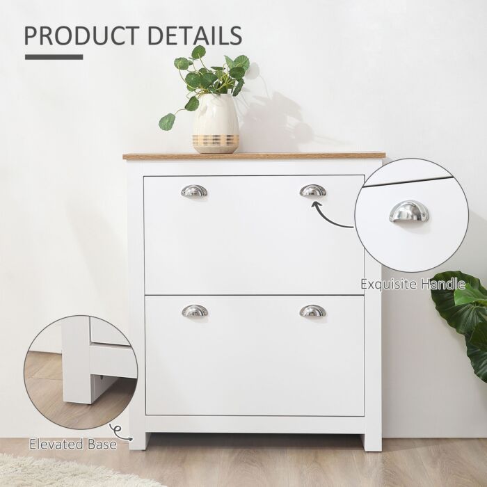 Homcom 2 Drawer Shoe Cabinet Modern Narrow Shoe Cupboard Hallway Wooden Storage Organiser With Flip Doors Adjustable Shelf For 12 Pairs White Mix