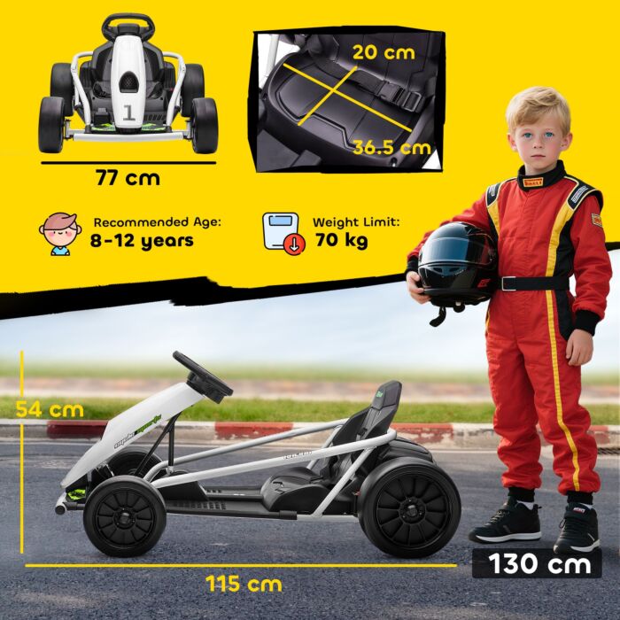 Homcom 24v Electric Go Kart For Kids, Drift Ride-on Racing Go Kart With 2 Speeds, For Boys Girls Aged 8-12 Years Old, White