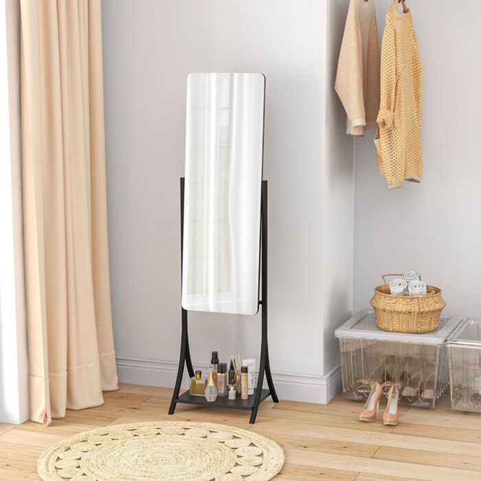 Homcom Free Standing Dressing Mirror, Full Length Mirror With Adjustable Angle, Storage Shelf