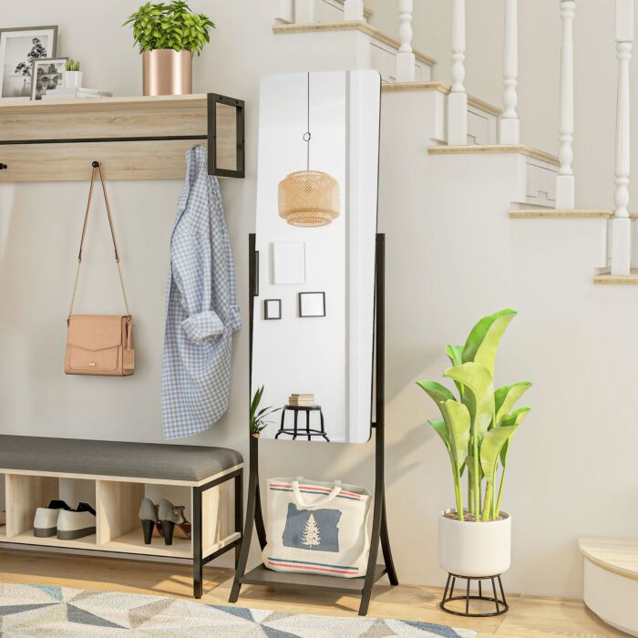 Homcom Free Standing Dressing Mirror, Full Length Mirror With Adjustable Angle, Storage Shelf