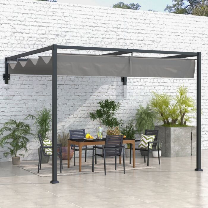 Outsunny 3 X 4m Lean To Pergola, Metal Pergola With Retractable Roof For Grill, Deck