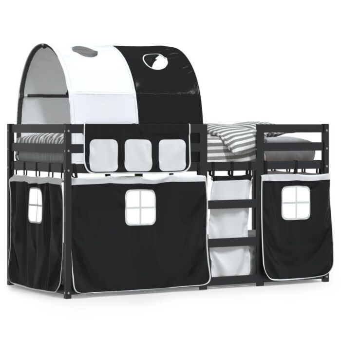 Vidaxl Bunk Bed With Curtains White&black 90x200 Cm Solid Wood Pine