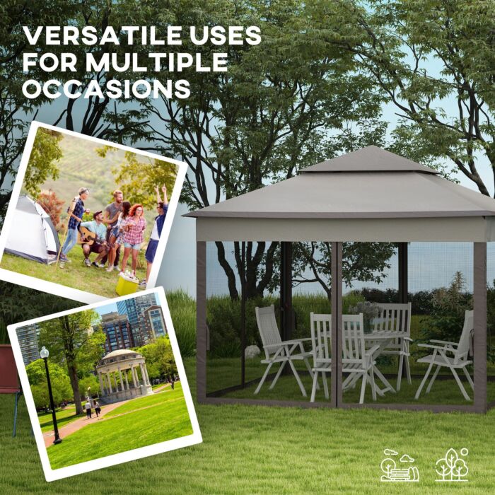 Outsunny 3 X 3(m) Pop Up Gazebo, Double-roof Garden Tent With Netting And Carry Bag, Party Event Shelter For Outdoor Patio, Light Grey
