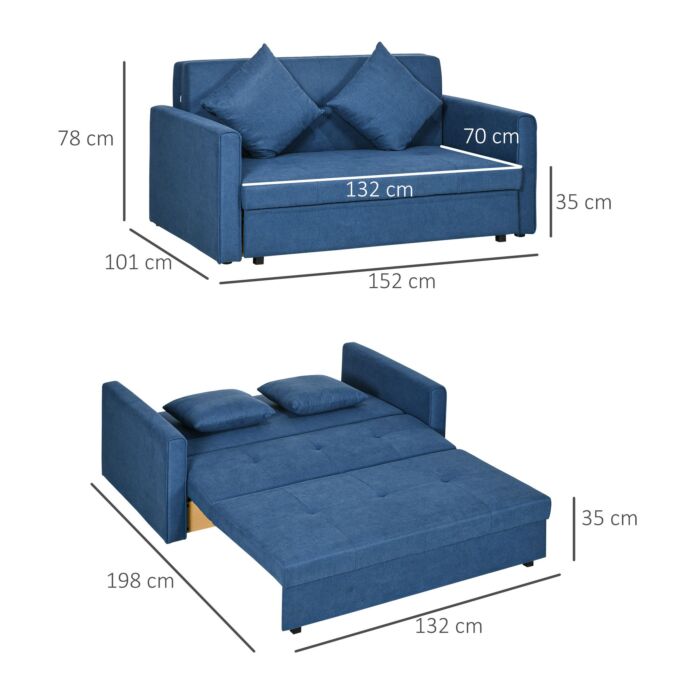 Homcom 2 Seater Sofa Bed, Convertible Bed Settee, Modern Fabric Loveseat Sofa Couch W/ Cushions, Hidden Storage For Guest Room, Dark Blue