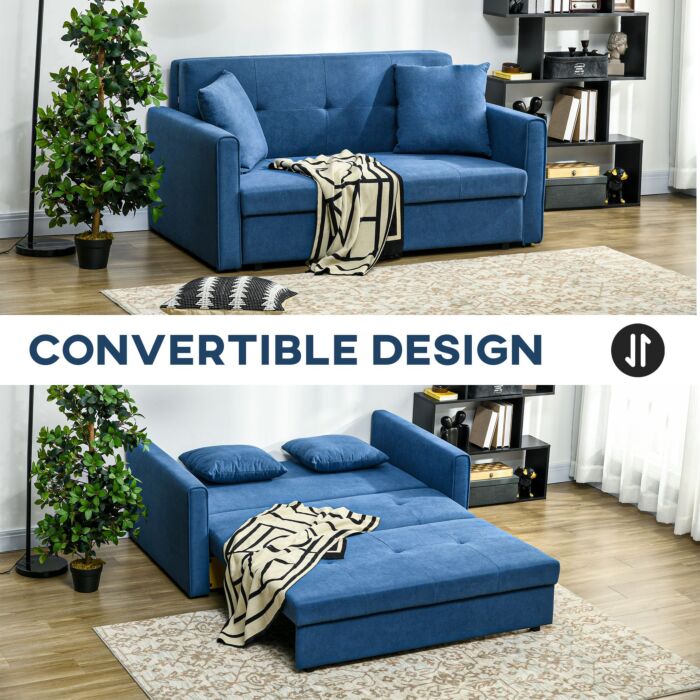 Homcom 2 Seater Sofa Bed, Convertible Bed Settee, Modern Fabric Loveseat Sofa Couch W/ Cushions, Hidden Storage For Guest Room, Dark Blue