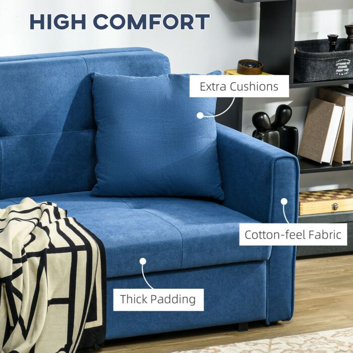 Homcom 2 Seater Sofa Bed, Convertible Bed Settee, Modern Fabric Loveseat Sofa Couch W/ Cushions, Hidden Storage For Guest Room, Dark Blue