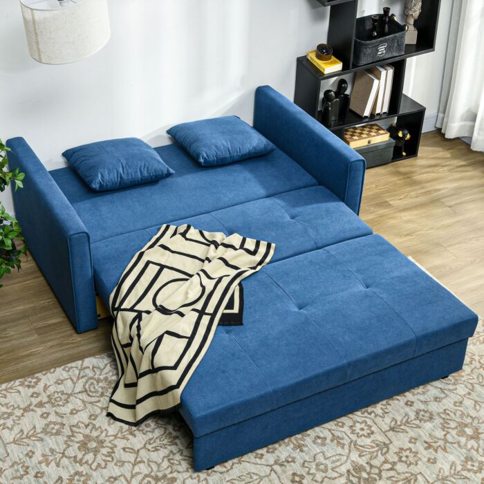 Homcom 2 Seater Sofa Bed, Convertible Bed Settee, Modern Fabric Loveseat Sofa Couch W/ Cushions, Hidden Storage For Guest Room, Dark Blue